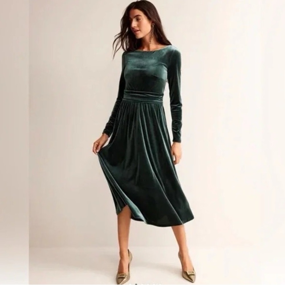 Boden Abigale Velvet Boat Neck Long Sleeve Midi Dress Green Size 8P